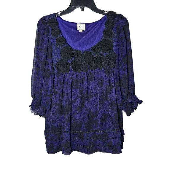 Eci New York Women Purple Dark Floral Blouse Size Medium Whimsigoth Fairy Grunge - Picture 1 of 12
